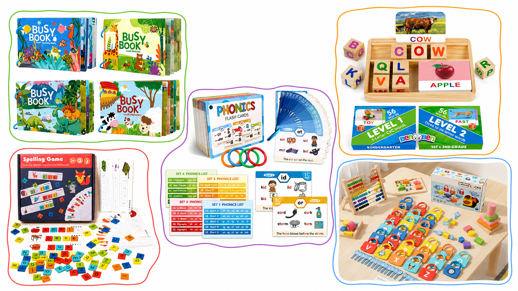 Complete Alphabet & Language Learning Package for kids, featuring 5 educational games and toys. Includes Busy Books for learning colors and animals, spelling games with letter tiles, phonics flashcards for letter sounds, and an interactive block set for word formation and recognition. A fun and engaging way to promote early literacy and language skills for children. Ideal for ages 3-6.