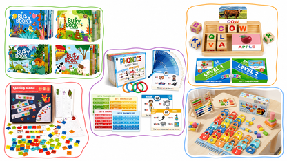 Complete Alphabet & Language Learning Package for kids, featuring 5 educational games and toys. Includes Busy Books for learning colors and animals, spelling games with letter tiles, phonics flashcards for letter sounds, and an interactive block set for word formation and recognition. A fun and engaging way to promote early literacy and language skills for children. Ideal for ages 3-6.