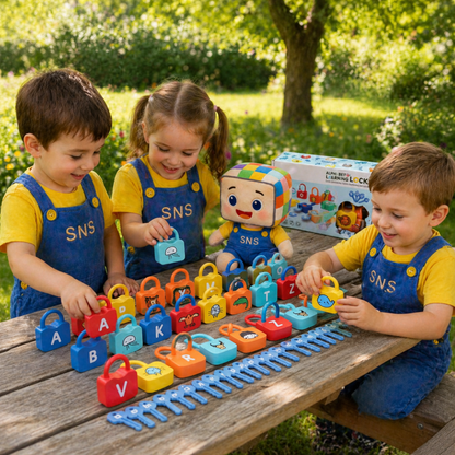 Children playing with Alphabet Learning Lock educational toy, matching colorful locks and keys to letters. Fun and interactive way for kids to develop early literacy and letter recognition skills outdoors.