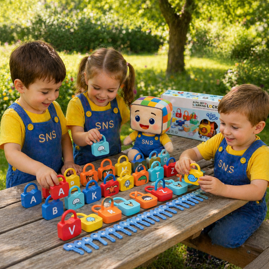 Children playing with Alphabet Learning Lock educational toy, matching colorful locks and keys to letters. Fun and interactive way for kids to develop early literacy and letter recognition skills outdoors.