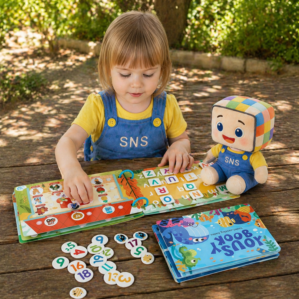 Child learning with Alphabet Busy Book, educational number stickers, and SNS plush toy. Fun and interactive way for kids to enhance literacy, number recognition, and early learning skills outdoors.