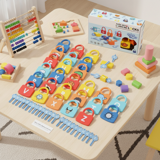 Colorful alphabet locks learning toy arranged on a table, alongside an abacus and building blocks. This educational setup promotes letter recognition, fine motor skills, and early childhood learning in a playful and engaging way.