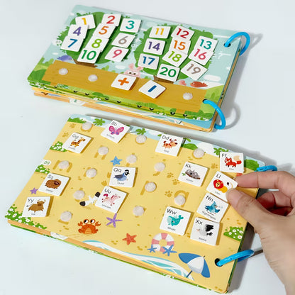 Reusable busy book for kids featuring alphabet and numbers matching activities, Montessori learning toy for early education, fine motor skills, and cognitive development