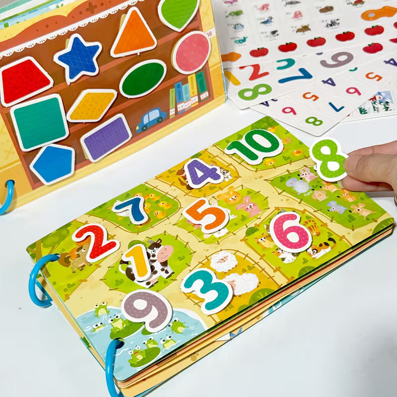 Montessori busy book for kids featuring shapes and numbers matching activity, interactive learning toy designed to develop counting skills, shape recognition, and fine motor skills
