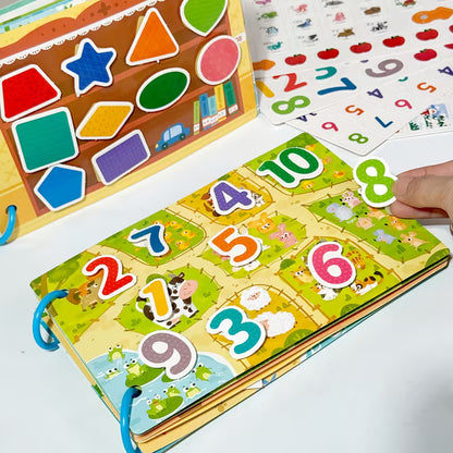 Montessori busy book for kids featuring shapes and numbers matching activity, interactive learning toy designed to develop counting skills, shape recognition, and fine motor skills