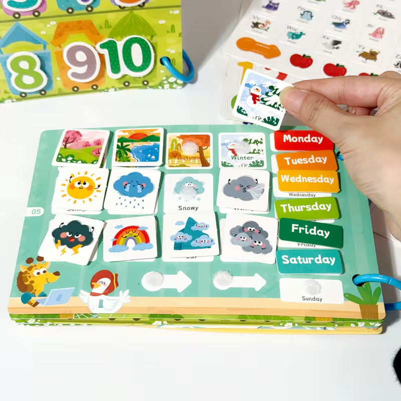 Montessori busy book for kids featuring weather and days of the week matching activity, educational toy for learning daily routines, seasons, and early cognitive skills