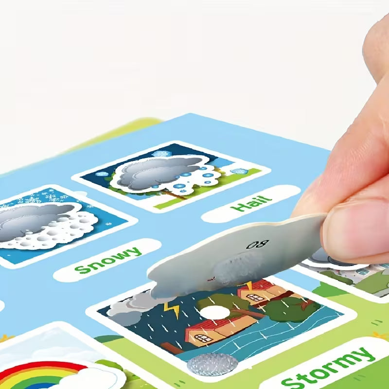 Child Learning Weather Concepts with Interactive Sticker Book - Snowy, Hail, Stormy Weather