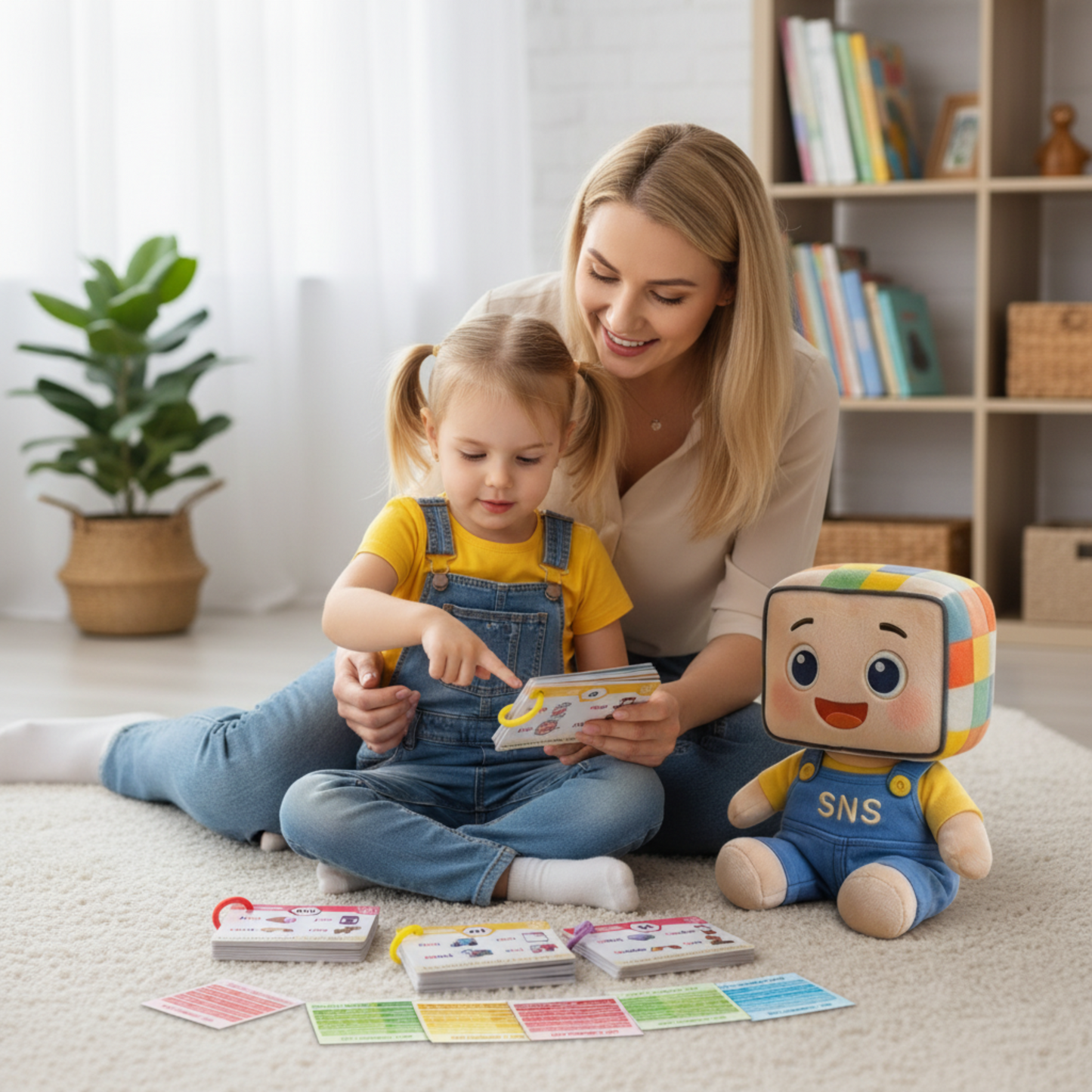 Mother and child engaging with an educational alphabet and phonics game, promoting early literacy and interactive learning. Fun and colorful toy for children to enhance language skills, supported by visual and tactile learning materials.