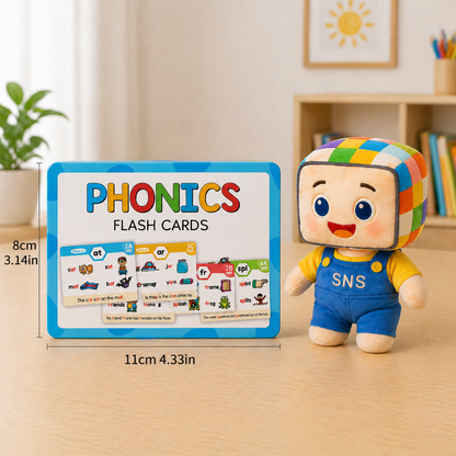 Phonics Flash Cards educational toy for kids, featuring colorful cards with phonetic sounds and images to help children develop their reading skills. The set comes with a smiling character plush and is designed to enhance early language learning and phonics comprehension.
