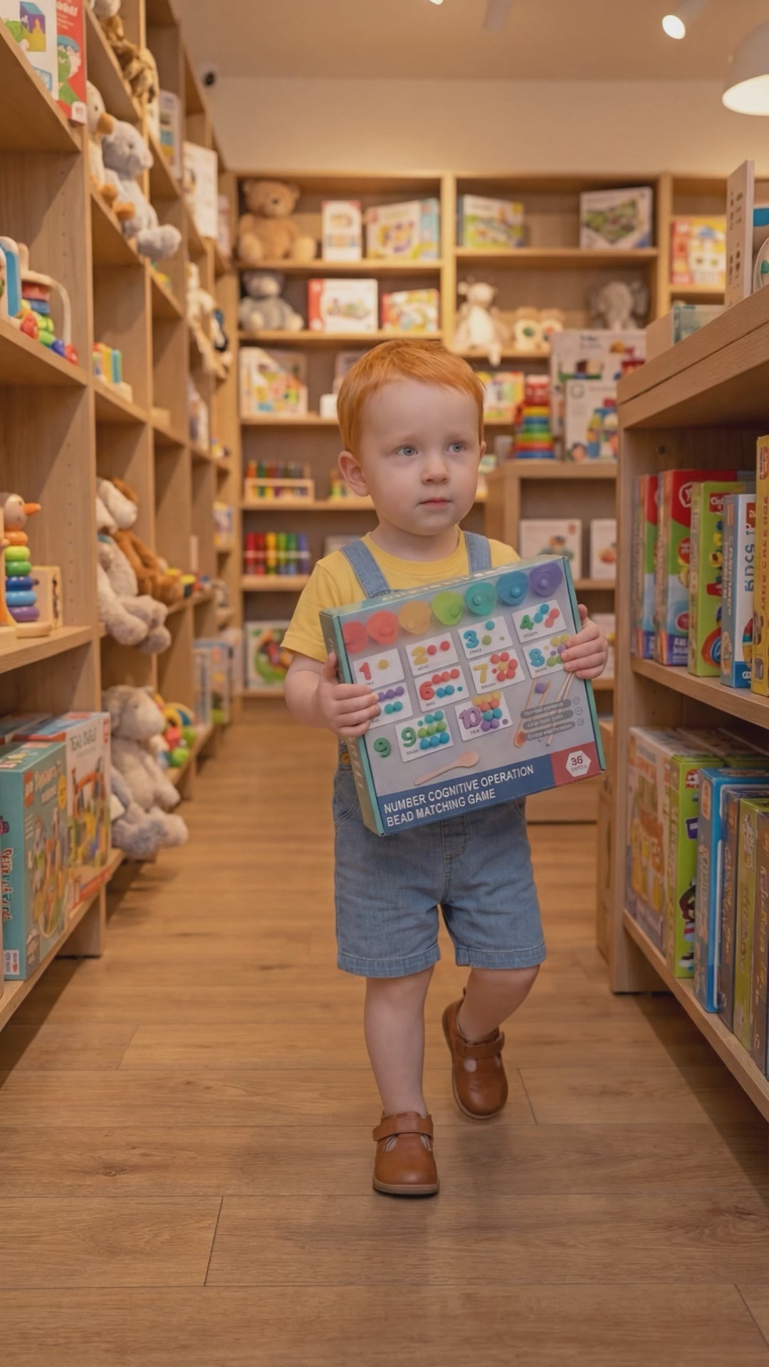 A toddler walking through a toy store while holding a colorful educational number counting toy in their hands, ready for unboxing. The toy is part of a fun, interactive math learning game designed to enhance early cognitive and motor skills in young children. The child is excited about the new toy, which is surrounded by shelves filled with more educational toys in the background.