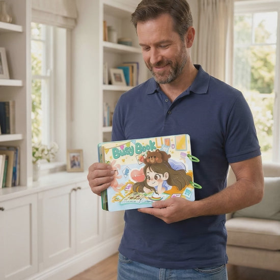 Unboxing Montessori busy book for kids, showing reusable learning activities including numbers, alphabet, shapes, and interactive educational pages for toddlers