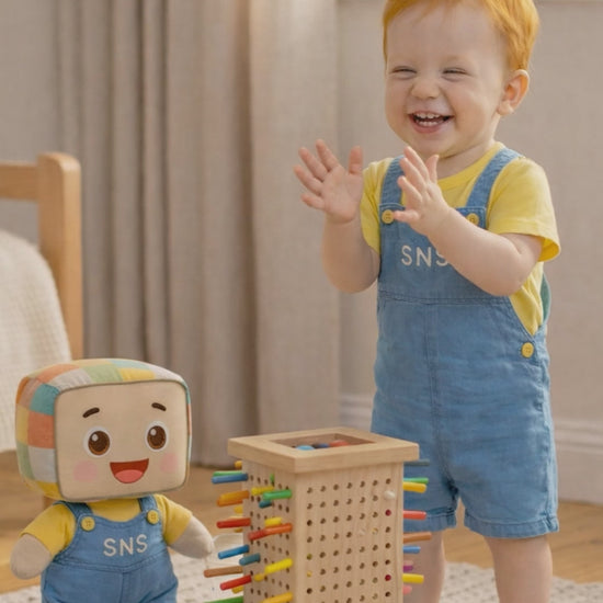A video showing the unboxing of the Interactive Stick Drawing Game for toddlers. The video includes the unwrapping of the product, showcasing the wooden pieces, colorful sticks, and the game components. It highlights the quality of the materials and provides a closer look at the design and features of the toy.