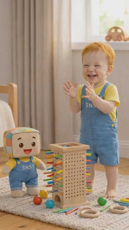 A video showing the unboxing of the Interactive Stick Drawing Game for toddlers. The video includes the unwrapping of the product, showcasing the wooden pieces, colorful sticks, and the game components. It highlights the quality of the materials and provides a closer look at the design and features of the toy.