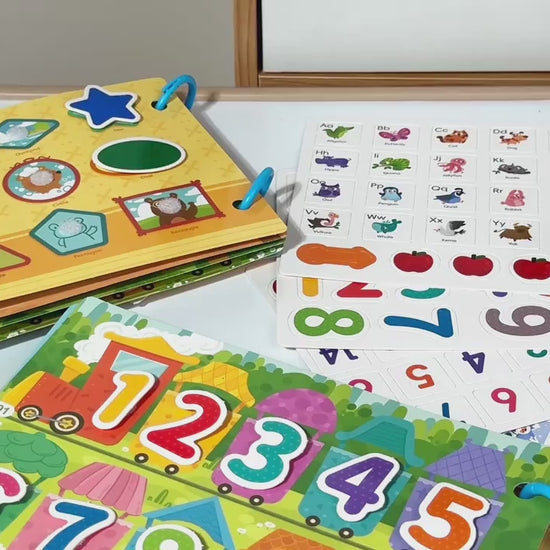 How to use Montessori busy book for kids, step-by-step learning activities teaching numbers, alphabet, shapes, and daily routines through interactive play