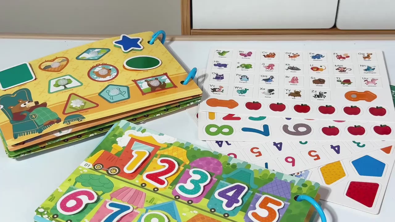 How to use Montessori busy book for kids, step-by-step learning activities teaching numbers, alphabet, shapes, and daily routines through interactive play