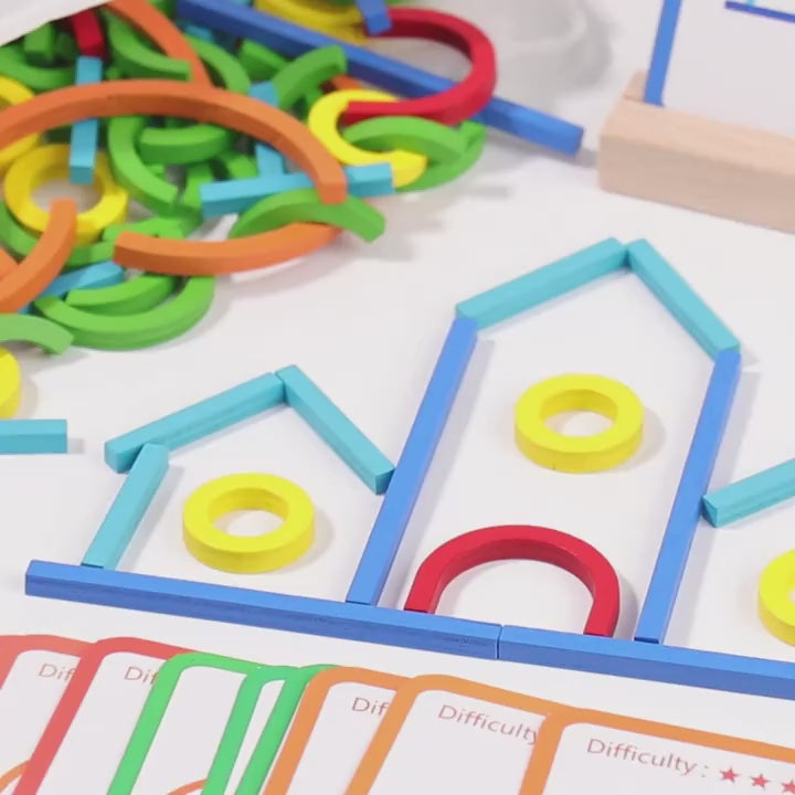 A tutorial video explaining how to use the Creative Sticks & Rings Educational Toy Set. Learn step-by-step how to create various shapes and designs with the colorful rings and sticks, and discover how the difficulty cards help guide the child’s progress in motor skills and shape recognition.