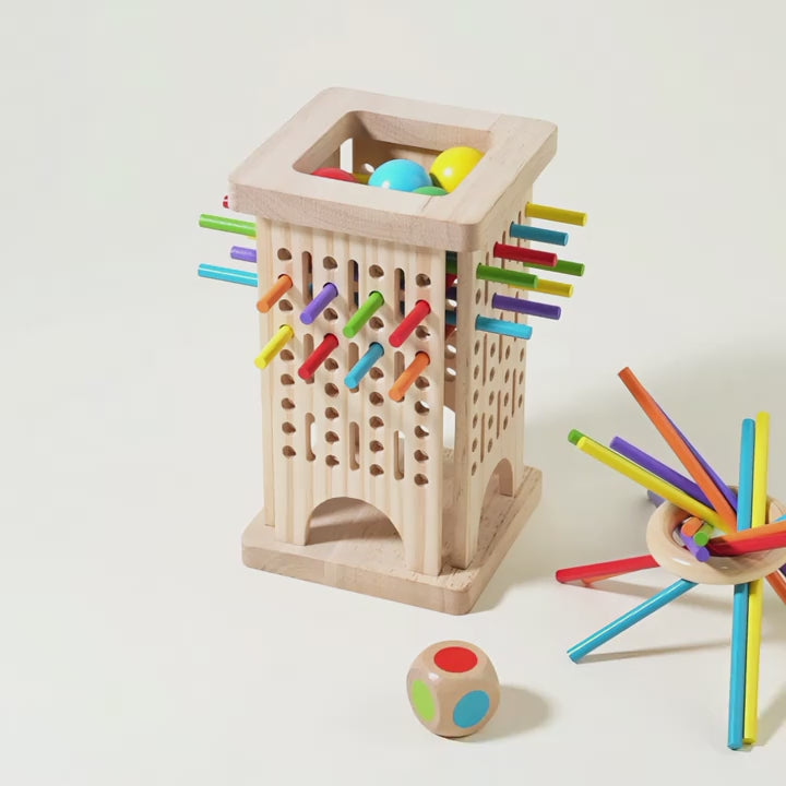 A video showing the unboxing of the Interactive Stick Drawing Game for toddlers. The video includes the unwrapping of the product, showcasing the wooden pieces, colorful sticks, and the game components. It highlights the quality of the materials and provides a closer look at the design and features of the toy.