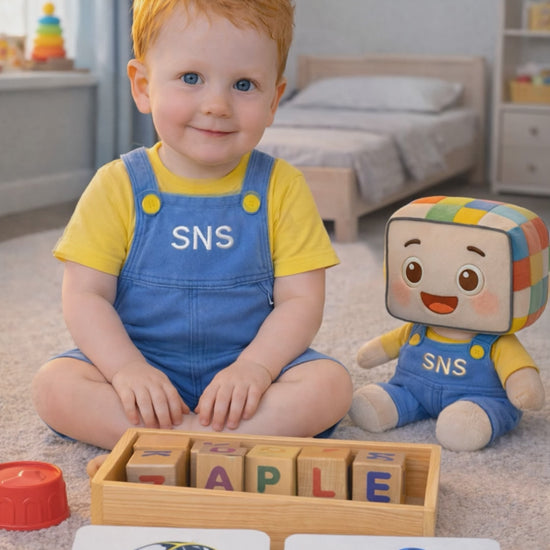 A young child playing with colorful wooden alphabet blocks, spelling "APPLE." The child is engaging with educational toys, including letter blocks and picture cards with images like "CAR" and "BIRD." Perfect for hands-on learning and developing literacy skills at an early age.
