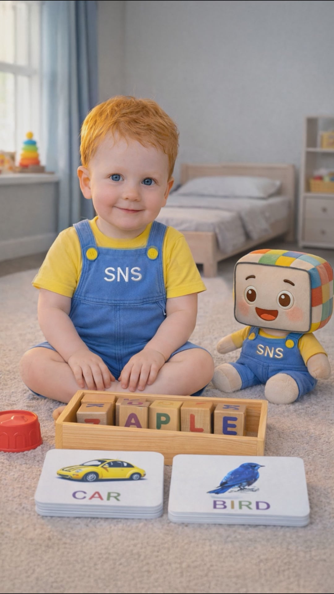 A young child playing with colorful wooden alphabet blocks, spelling "APPLE." The child is engaging with educational toys, including letter blocks and picture cards with images like "CAR" and "BIRD." Perfect for hands-on learning and developing literacy skills at an early age.