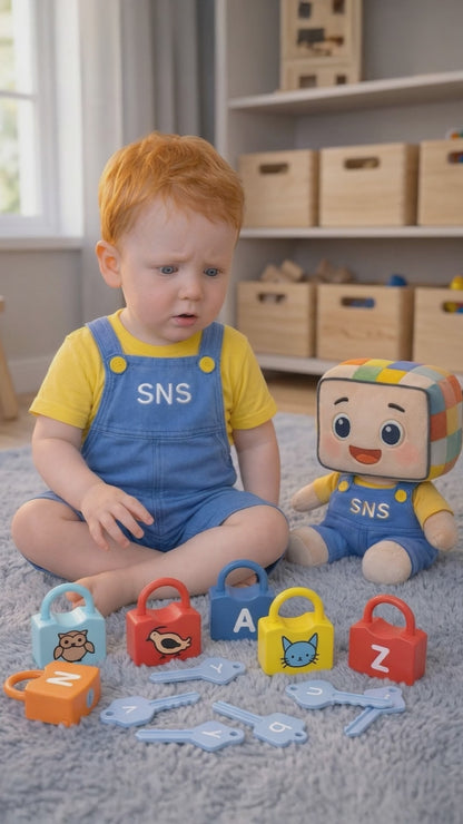 Unboxing the Alphabet Lock & Key Toy, showcasing 26 colorful locks and keys designed for early childhood learning and fun activities.