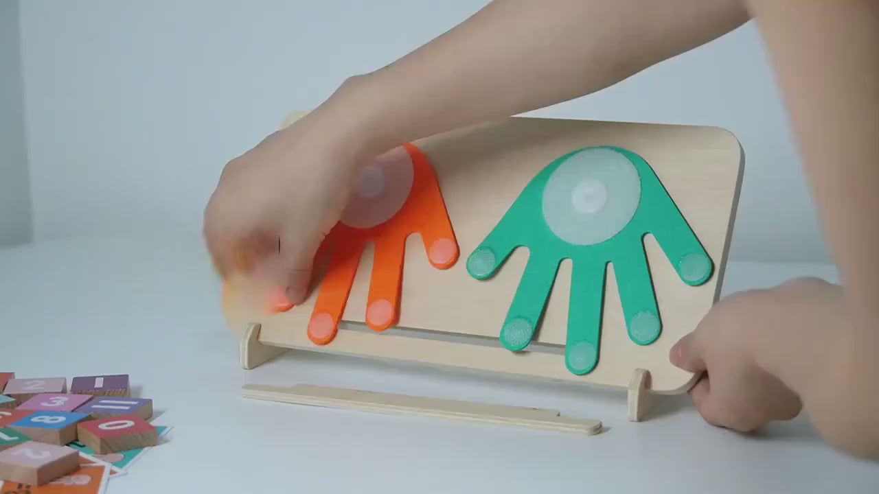 "How to play with the Finger Counting Math Board Toy – Learn step-by-step instructions on using the toy for educational fun. This video demonstrates how to use the wooden counting board, number blocks, and operation cards to enhance children's math skills."

