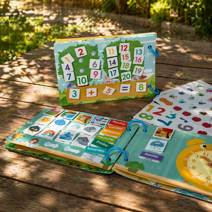 Reusable busy book for kids with interactive Montessori activities for learning numbers, days of the week, weather, and cognitive skills development