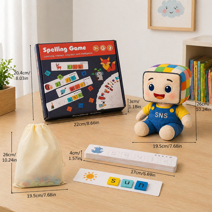 Spelling Game educational learning toy for kids, featuring colorful letter tiles and a storage bag, alongside a smiling character plush. This game helps children improve their spelling, language skills, and cognitive abilities while providing an interactive learning experience.