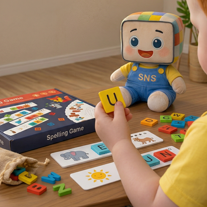 Child playing with educational spelling game, using colorful alphabet letters to form words. Fun and interactive toy for developing early literacy skills and learning how to spell with letter cards.