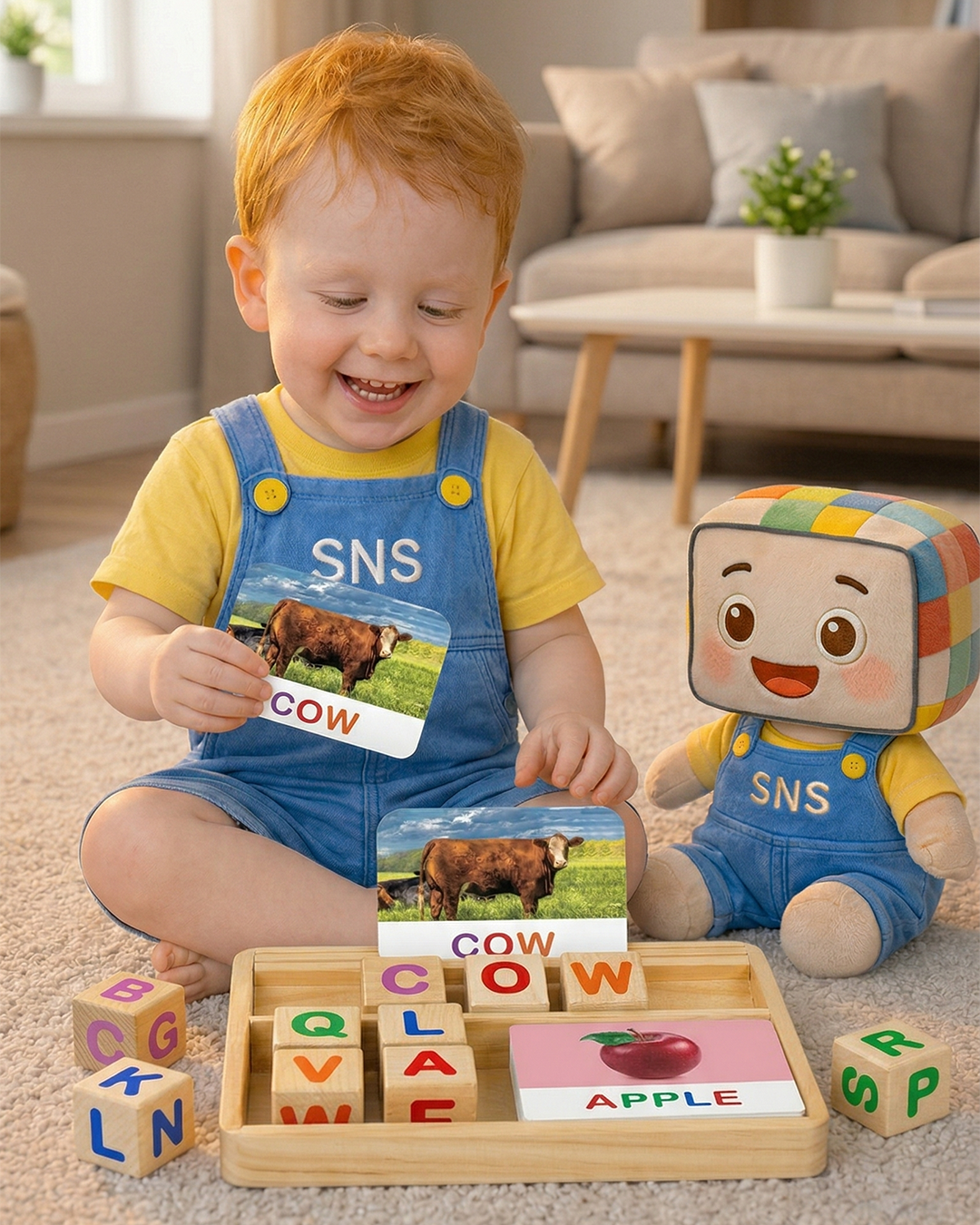 Toddler engaged in learning with an educational alphabet and spelling toy, using letter blocks and animal flashcards. Interactive play promotes early literacy and language development, supported by fun and colorful learning tools for children.