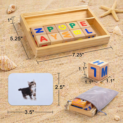 Wooden alphabet blocks learning toy for kids, featuring colorful, easy-to-read letters and images on each block. Perfect for spelling and letter recognition, this educational toy promotes early literacy skills. The set includes a wooden tray for storage and a matching flashcard with pictures to engage children in fun, hands-on learning.